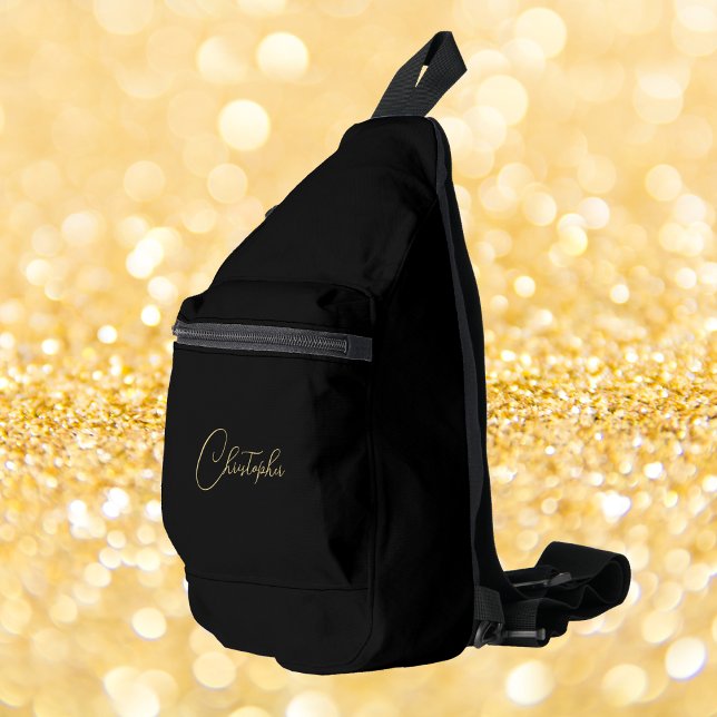 Bandolera Monograma moderno de oro negro hombres mujeres niñ (Modern Black Gold Monogram Mens Womens Kids Travel Sling Bag)