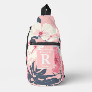 Bandolera Monograma personalizado del hibisco rosa tropical