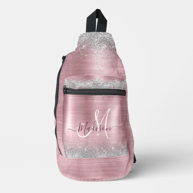 Bandolera Monograma purpurina de imitación plateado con rosa (Anverso)