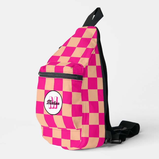 Bandolera Monograma retro geométrico rosa caliente de durazn (Esquina derecha)