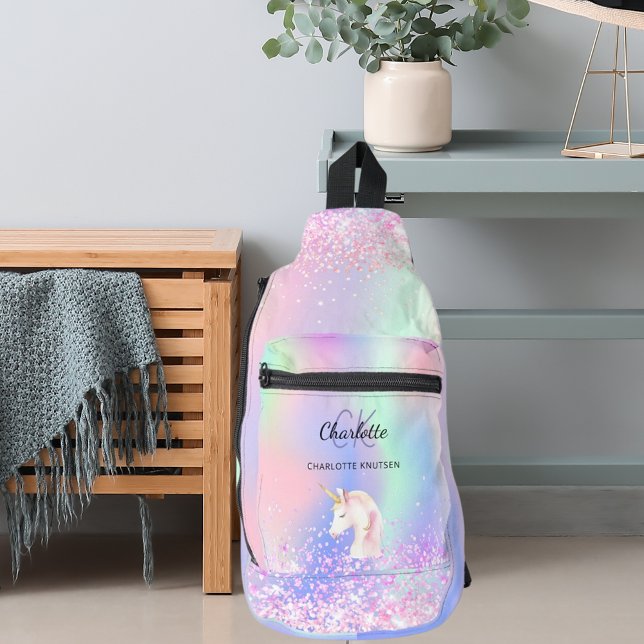 Bandolera Nombre de monograma holográfico rosa unicornio (Subido por el creador)