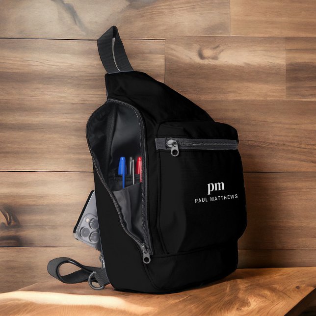 Bandolera Nombre Minimalista simple negro y monograma (Personalize with your initials and name.)