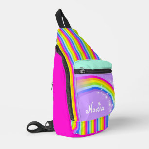 Bandolera Nombre personalizado arcoiris púrpura niños escuel