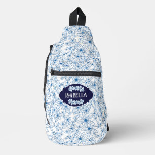 Bandolera Nombre Personalizado Femenino Patrón Floral Azul