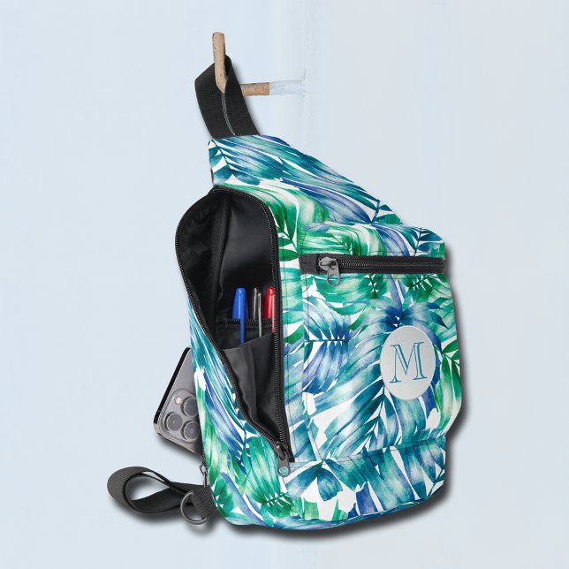 Bandolera Palmeras Tropicales de Estilo (Stylish tropical palm tree fronds blue, green and white sling bag with monogram on the front.)