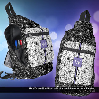 Bandolera Patrón blanco floral dibujado a mano con inicial