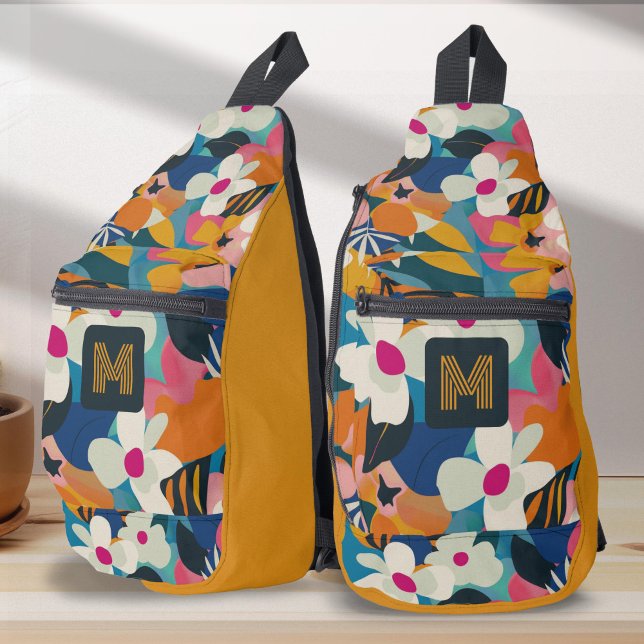 Bandolera Patrón colorido moderno de naturaleza floral mujer (Colorful retro floral pattern sling bag for women.)