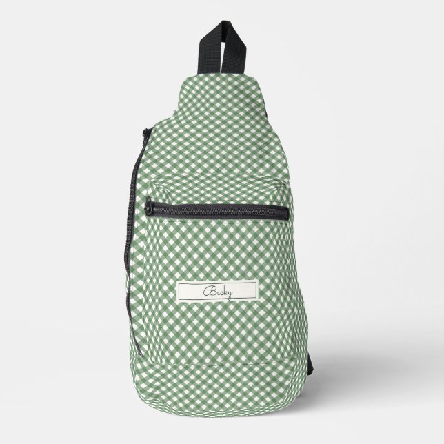 Bandolera Patrón de Gingham diagonal en verde con nombre (Anverso)