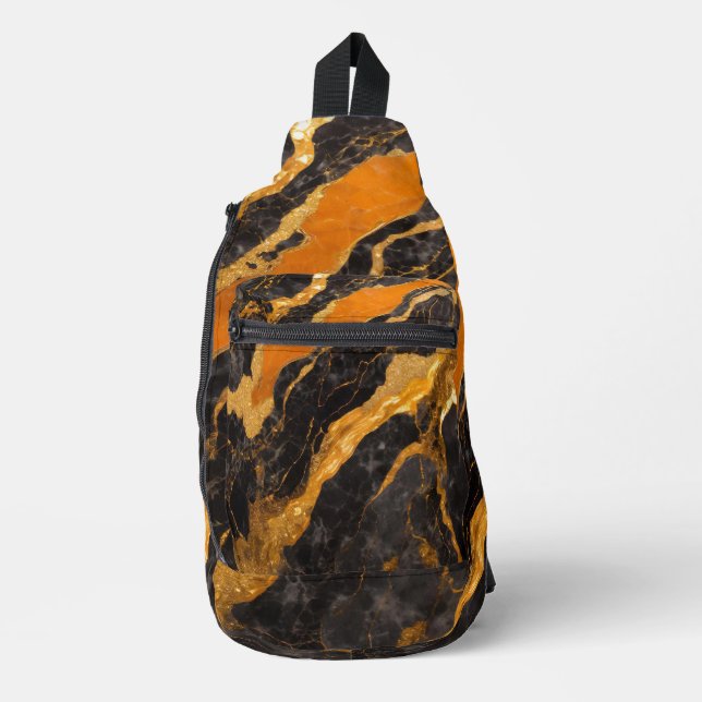 Bandolera Patrón de mármol negro naranja con oro (Anverso)