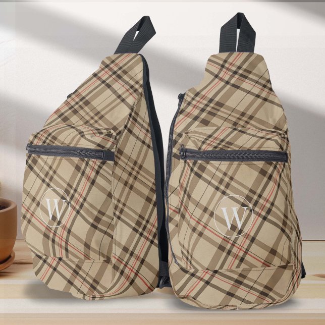 Bandolera Patrón de plaid de época monogramado a cuadros (beige plaid pattern checkered, personalized monogram travel sling bag)