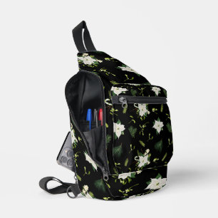 Bandolera Patrón floral blanco y verde llamativo sobre negro