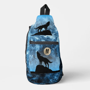 Bandolera Personalizado negro azul de luna llena Lobo Monogr