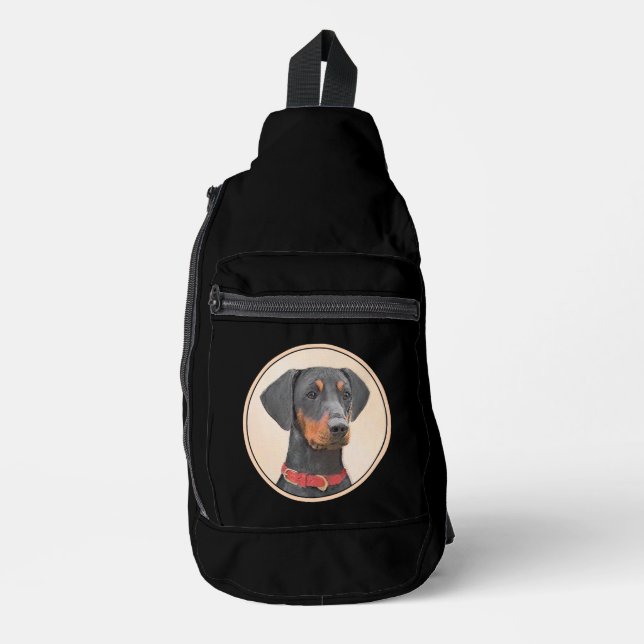 Bandolera Pinscher alemán pinta arte de perro original negro (Anverso)