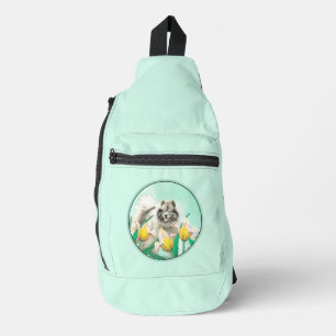 Bandolera Pintura de Keeshond entre Tulipanes Arte Original 