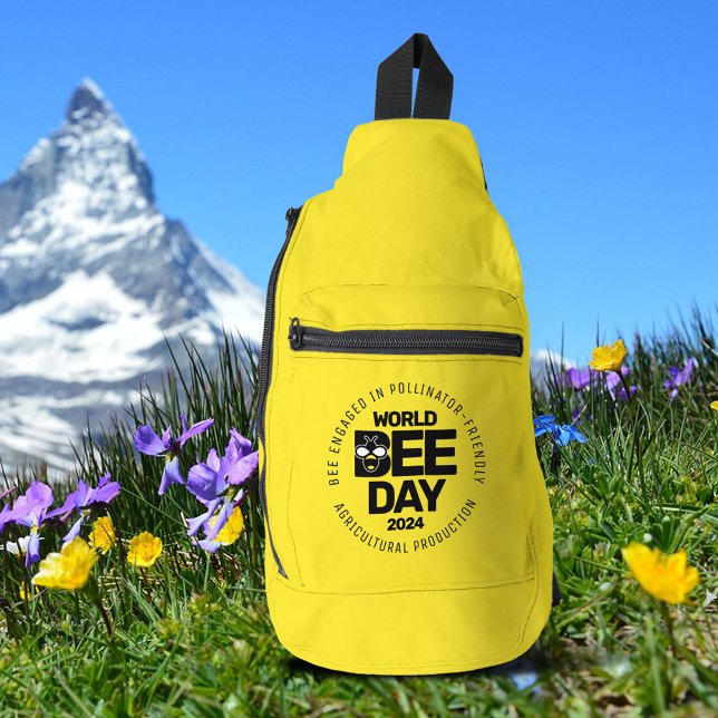 Bandolera Polinizador negro amarillo del Día Mundial de la A (World Bee Day Yellow Black Pollinator Sling Bag Cover Photo.)