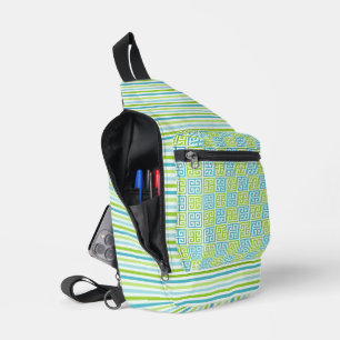 BANDOLERA TONOS DE RAYAS AZULES Y VERDES PATRON DE LLAVE GRI