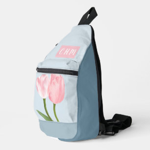 Bandolera Tulipanes rosados sobre azul pálido con triple mon