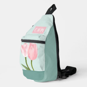 Bandolera Tulipanes rosados sobre azul pálido con triple mon