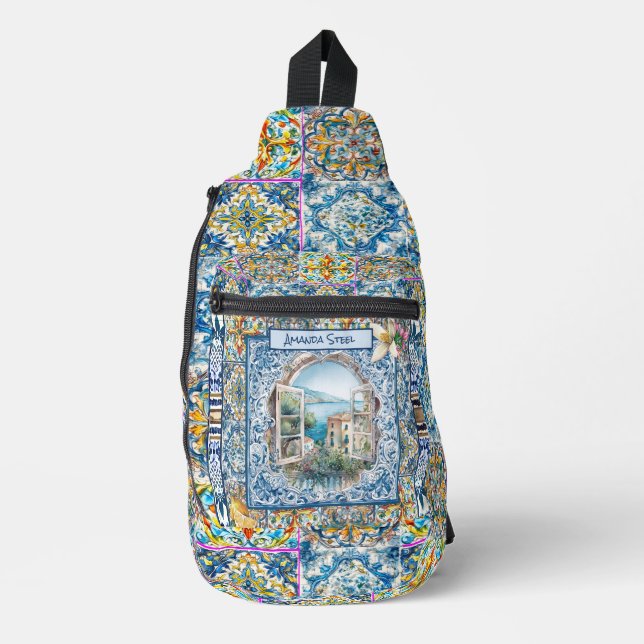 Bandolera verano azulejos azules florales italianos cítricos (Anverso)