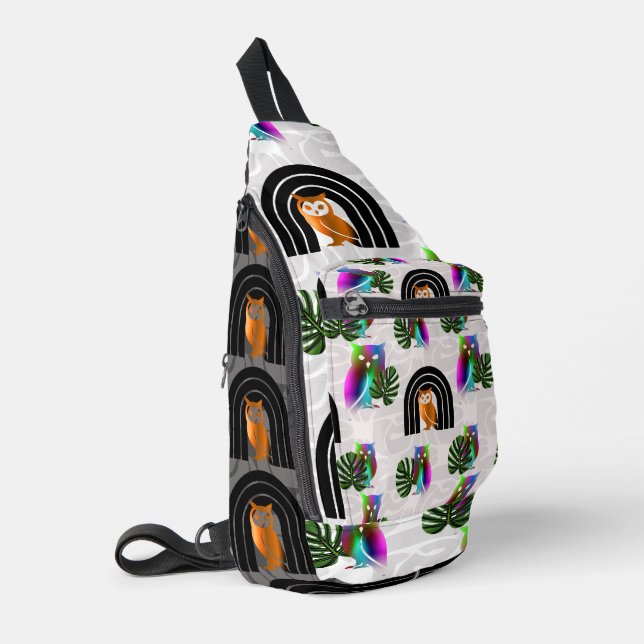 Bandolera Whimsical Boho Owl & Tropical Monstera Leaf (Esquina izquierda)