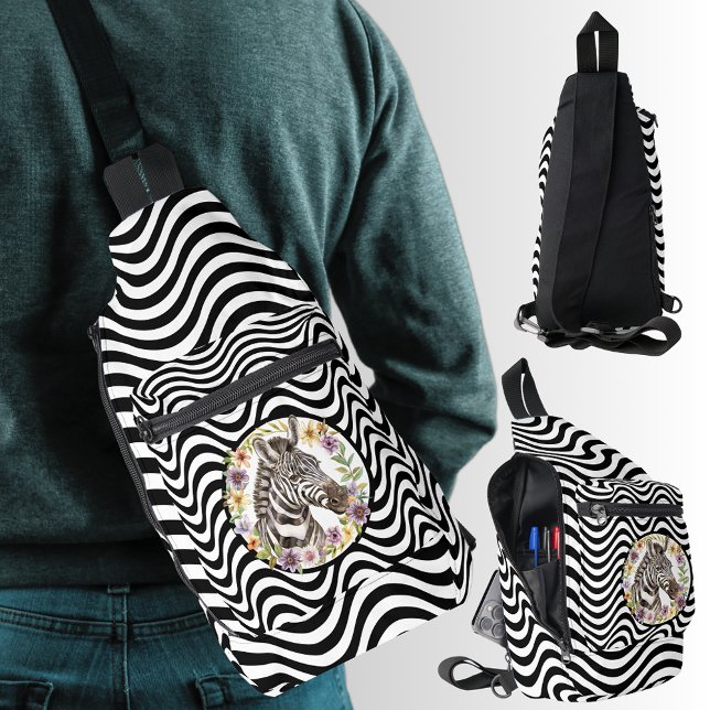 Bandolera Zebra Floral Wreath Black White Wavpes (Zebra Floral Wreath Black White Wavy Stripes Sling Bag)