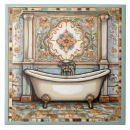 Bañera azul y beige de menta y baldosa