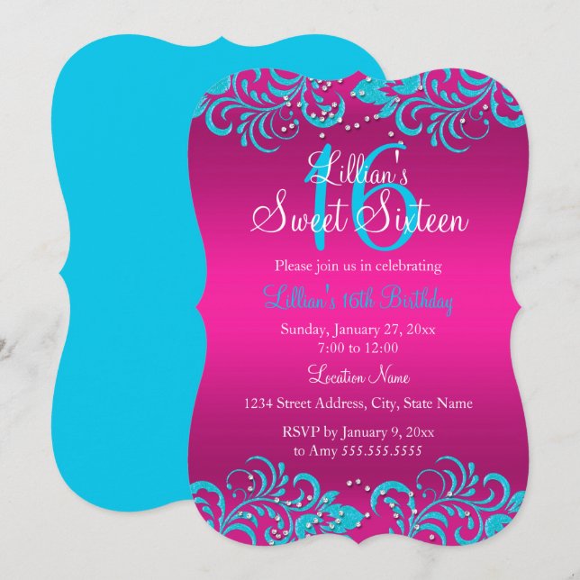 Bañera floral rosa y Verde azulada 16 Invitación (Anverso / Reverso)