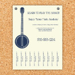 Banjo Lecciones Maestra De Música Lágrima De Flyer<br><div class="desc">Promueve tus clases de banjo u otros negocios de instrucción musical con este folleto que incluye un ilustracion de un banjo azul marino con tus detalles de negocio en correspondencia con las letras azul marino con un fondo de color crema suave. Las tiras rotas en la parte inferior hacen que...</div>