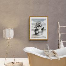 Baño blanco y negro, arte divertido, moderno, pare