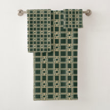 Baño geométrico moderno con llave griega en verde