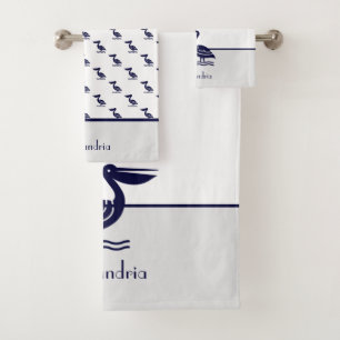 Baño pelícano azul marino y blanco gris náutico a
