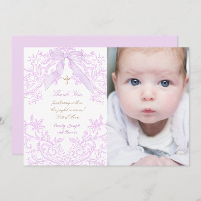 Baptism baby girl lilac design thank you card (Anverso / Reverso)
