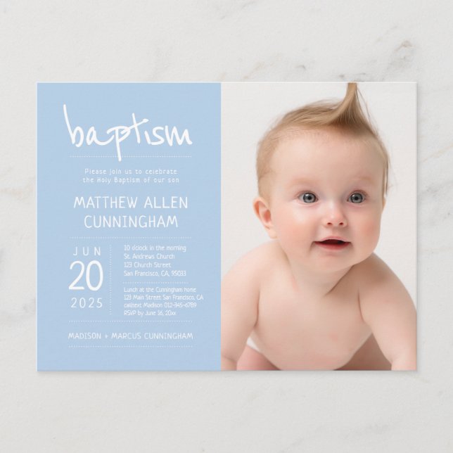 Baptism Boy | Invitación fotográfica moderna y sim (Anverso)