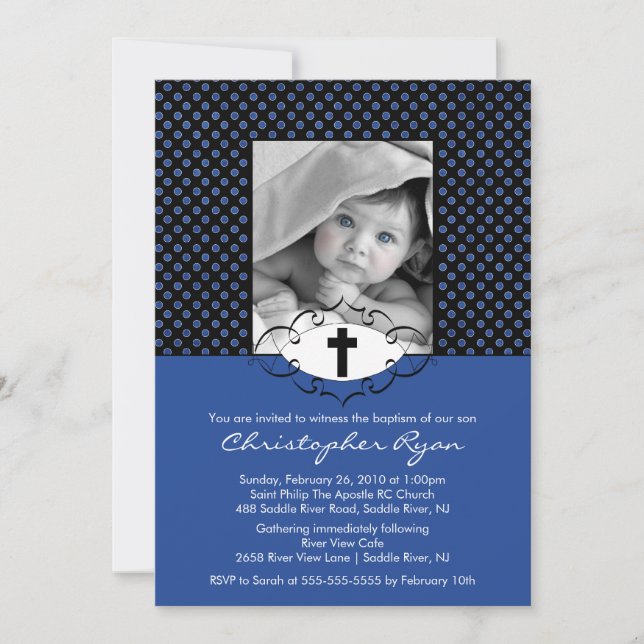 Baptism Christening Invitaciones Foto Blue & Black (Anverso)