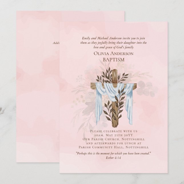 BAPTISM clásico elegante invita a rosa Rubor (Anverso / Reverso)
