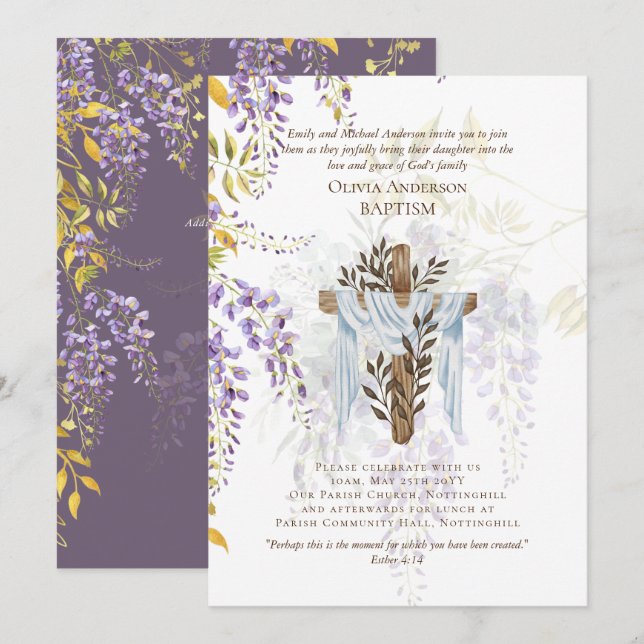 BAPTISM clásico elegante invita a Wisteria Purple (Anverso / Reverso)