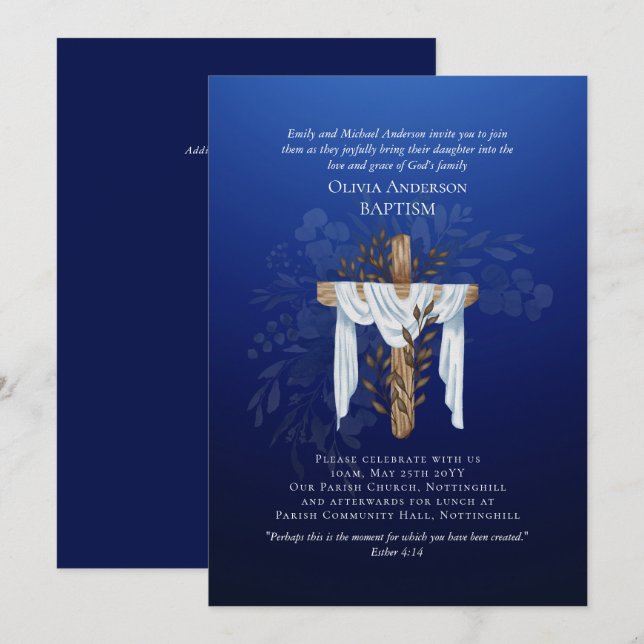 BAPTISM clásico elegante invita al azul zafiro (Anverso / Reverso)