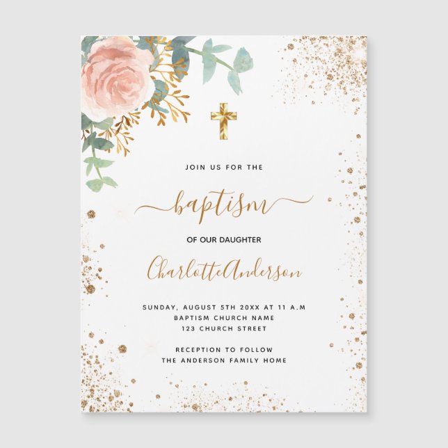 Baptism eucalipto imán de invitación floral rosa (Anverso)