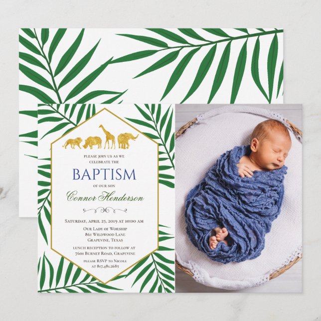 Baptism Green Leaf Jungle Safari Invitación a la f (Anverso / Reverso)