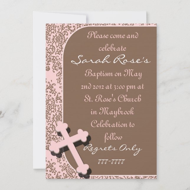 BAPTISM Invitaciones PINK DAMASK Para CHICAS (Anverso)
