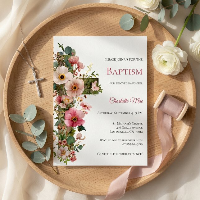 Baptism Invitation Floral Cross Watercolor (Subido por el creador)