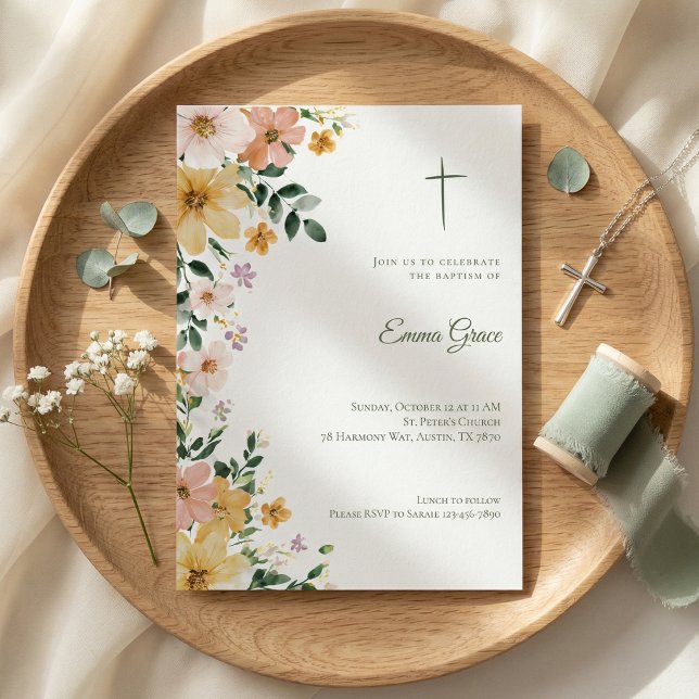 Baptism Invitation Floral Cross Watercolor (Subido por el creador)