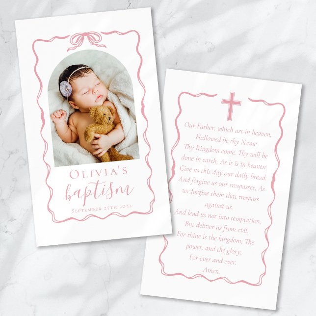Baptism Pink Bow Ribbon Photo Keepsake Prayer Card (Subido por el creador)