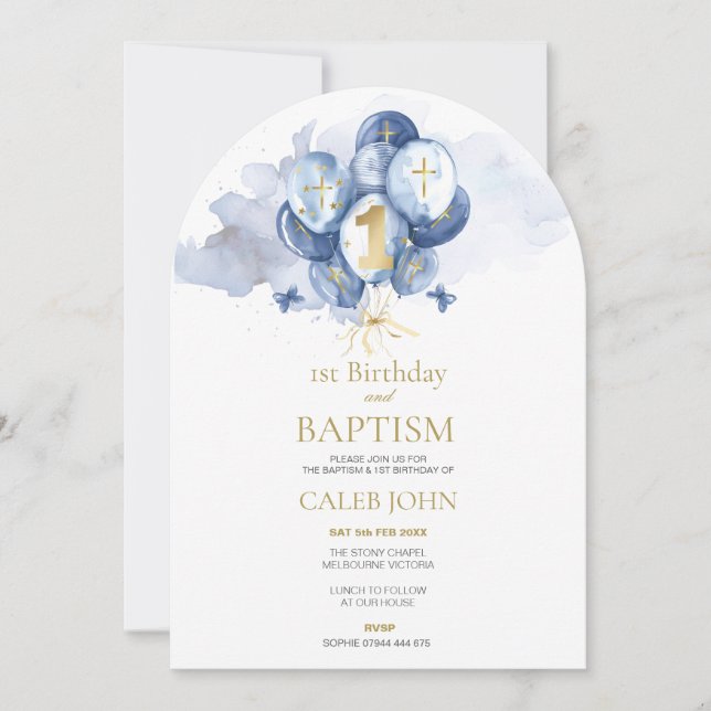 Baptismo azul de los niños y invitación con arco d (Anverso)