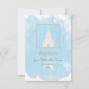 Baptismo azul suave RSVP con acentos dorados