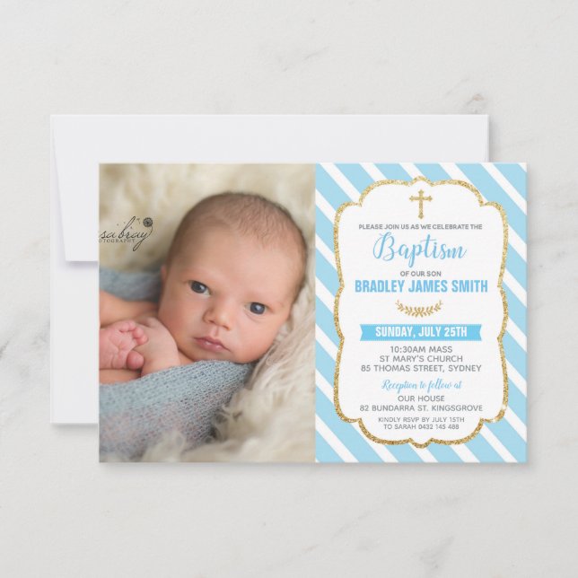 Baptismo azul y dorado Invitación a foto de niño b (Anverso)