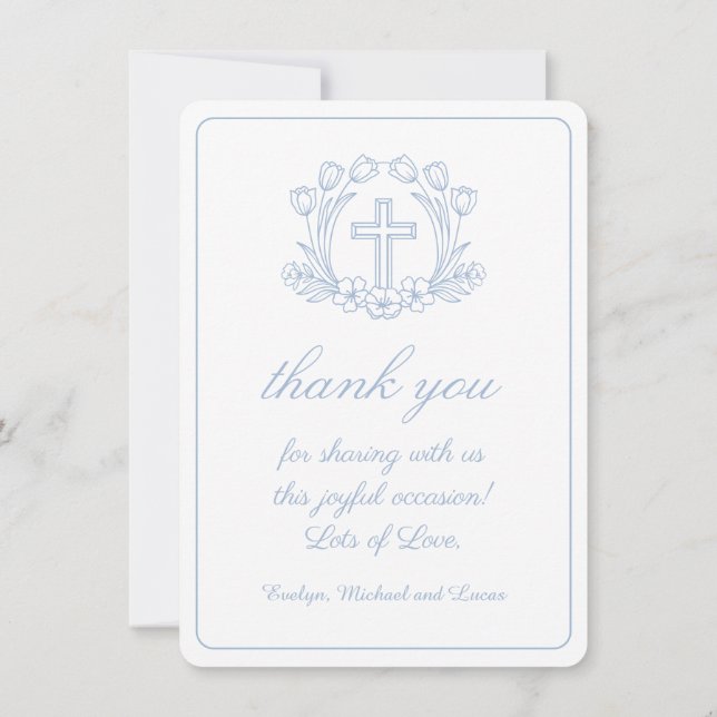 Baptismo blanco floral simple azul gracias tarjeta (Reverso)