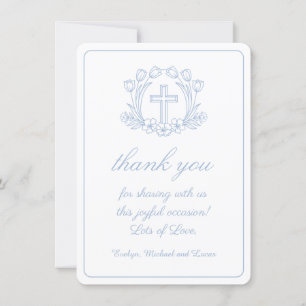 Baptismo blanco floral simple azul gracias tarjeta