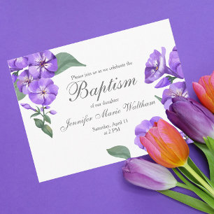 Baptismo Bonito Morado Floral Invitación a acuarel