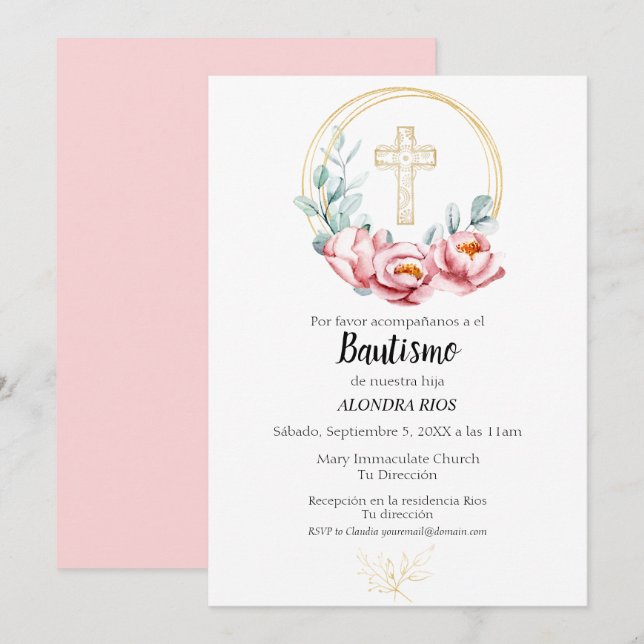 Baptismo Chica de invitación española, floral (Anverso / Reverso)